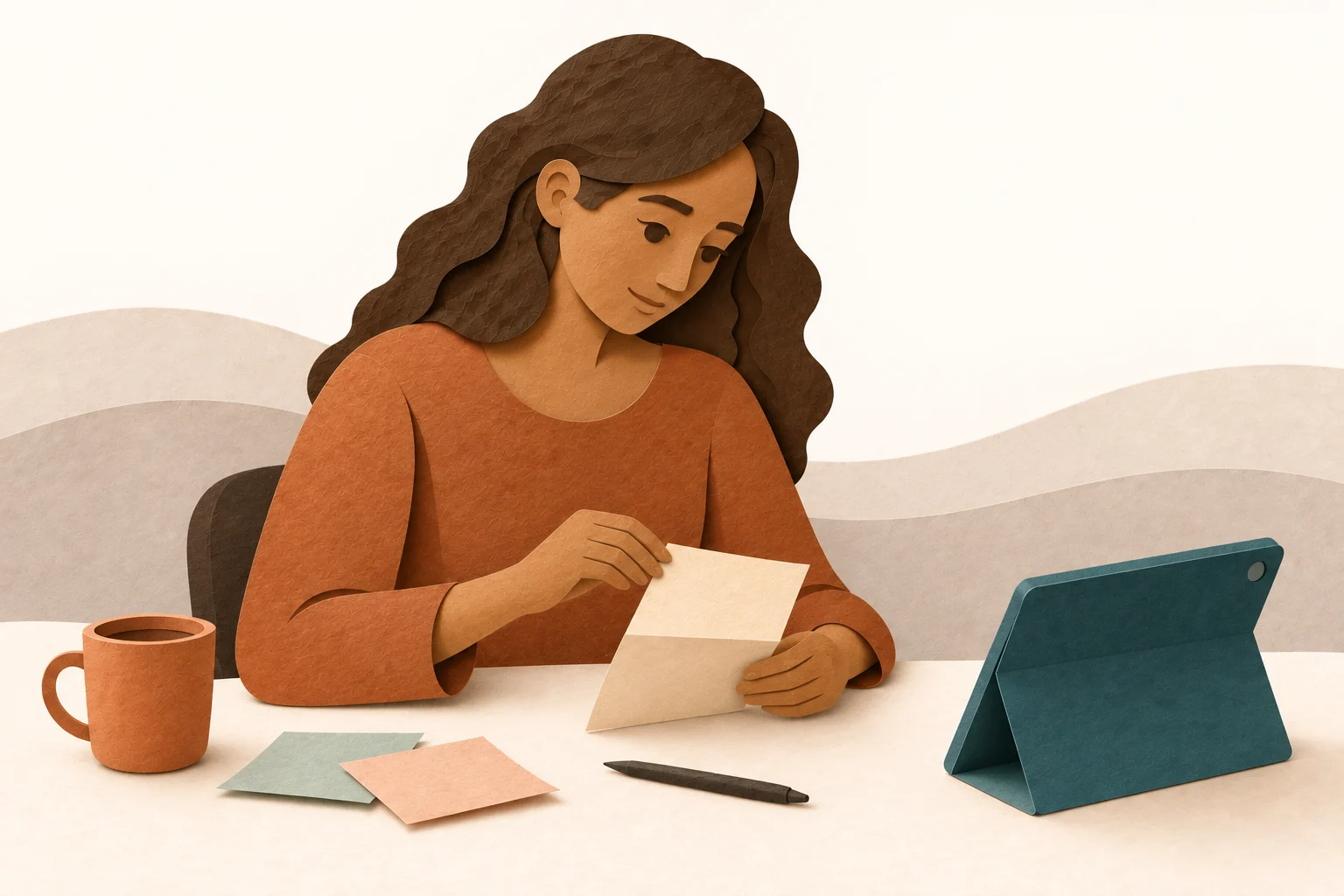 Žena otevírá složený lístek vedle tabletu. Sama volí, čím rozhovor začne.