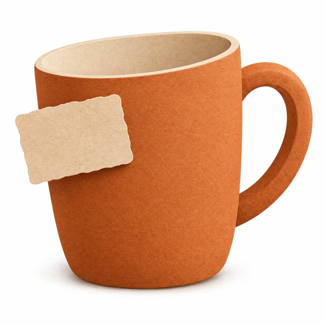 Oranžový papírový hrnek s celým uchem.